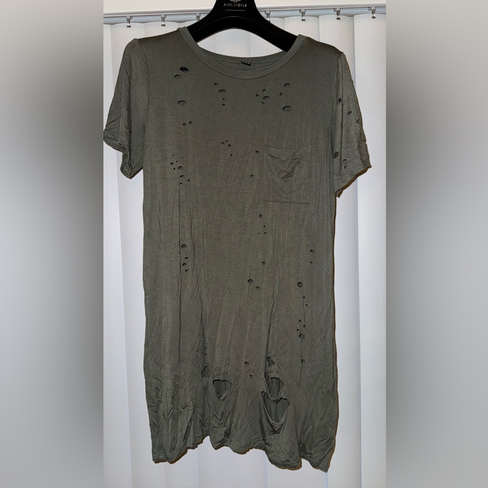 Women’s Olive Distressed T-Shirt Dress